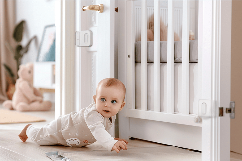 An imgae for a Blog on babyproofing that shows a baby and a safety crib